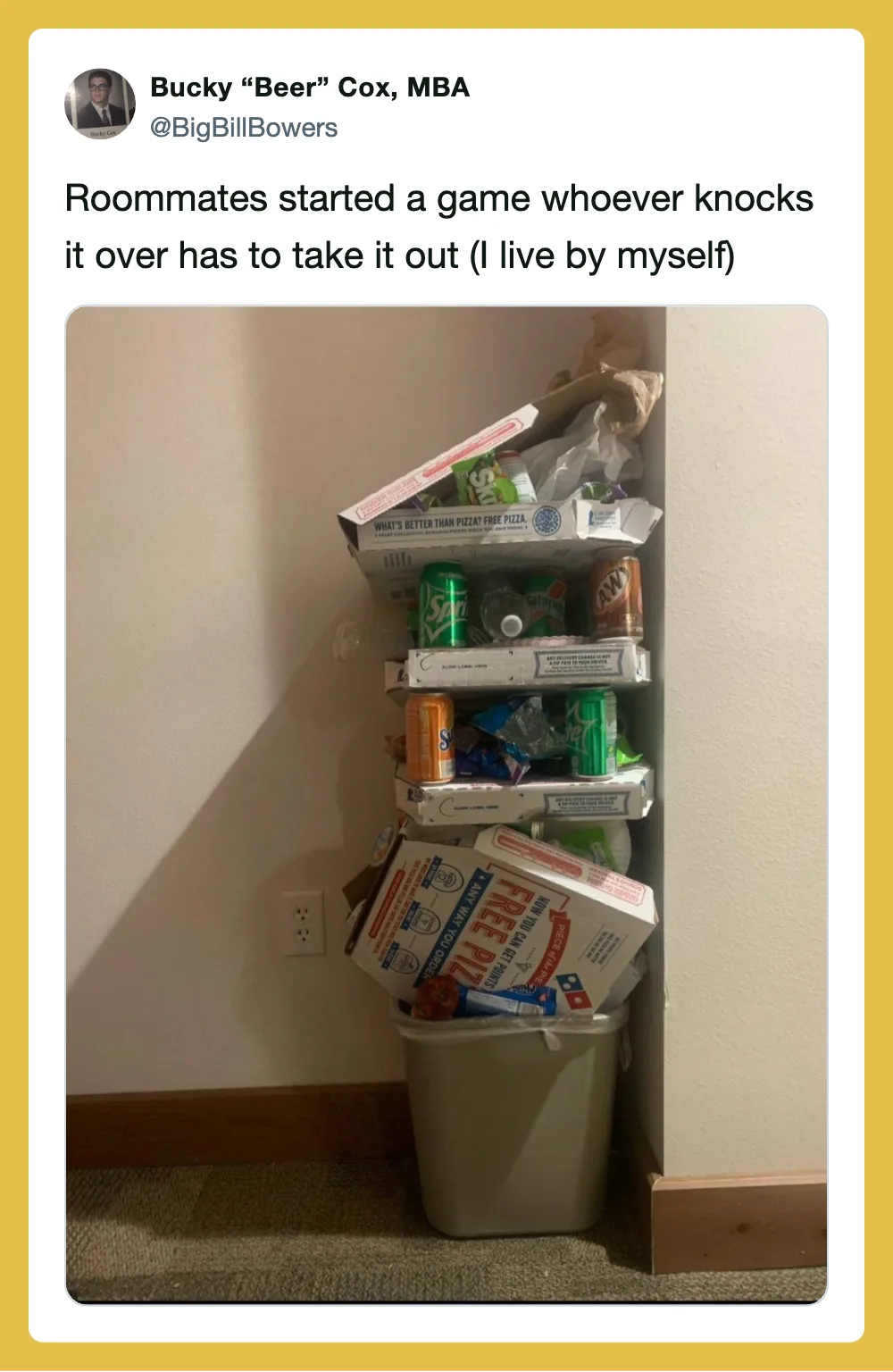 Stack of snack and cereal boxes in a trash can, knocked over by roommates.
