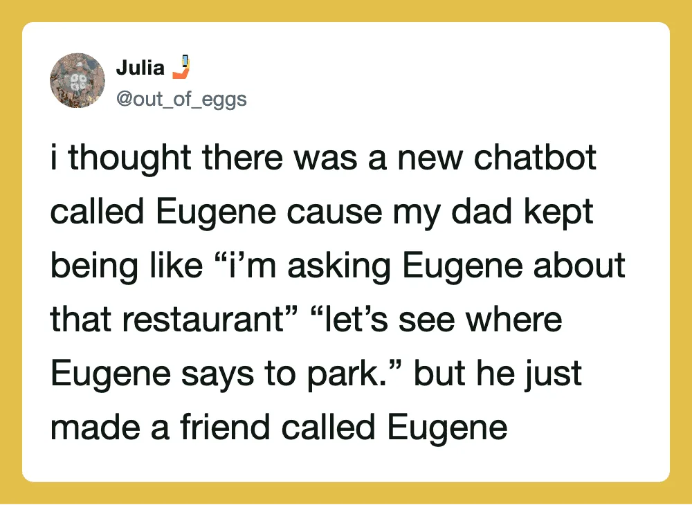 A tweet about a dad confusing Eugene with a restaurant called Eugene.