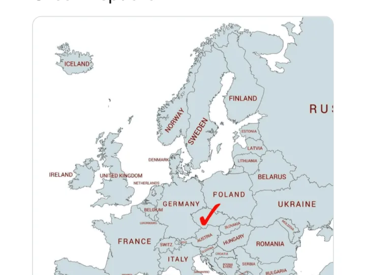 Map of Europe highlighting Czech Republic with a red check mark.