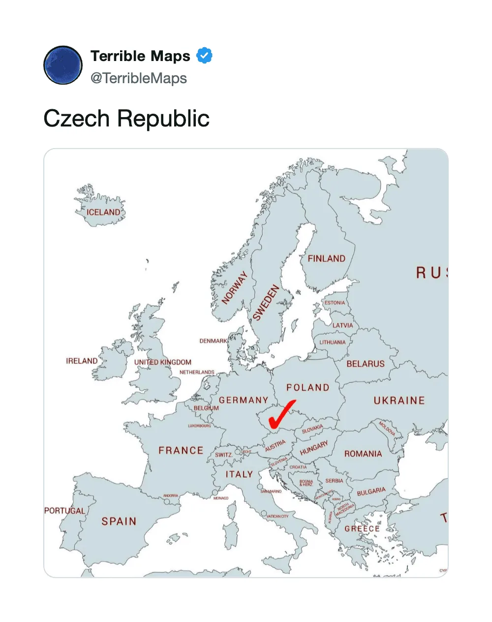 Map of Europe highlighting Czech Republic with a red check mark.