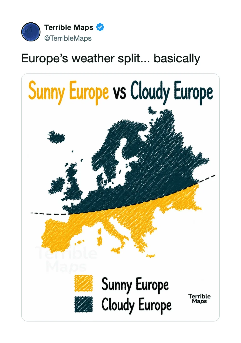 Europe's weather split: Sunny Europe vs Cloudy Europe map with yellow and dark blue regions.