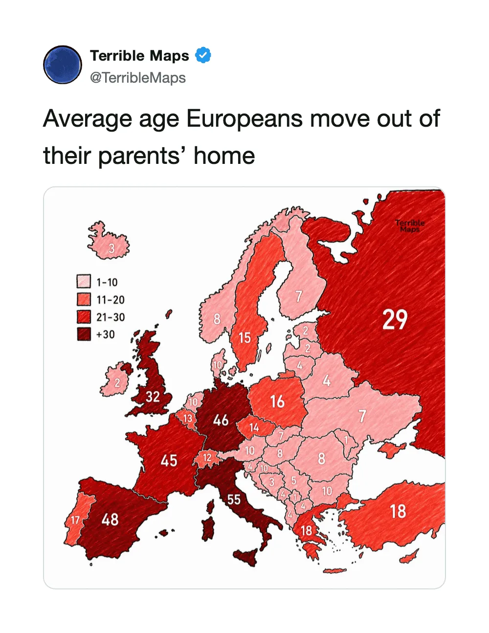 Map of Europe showing average age Europeans move out of their parents' home, with color coding.