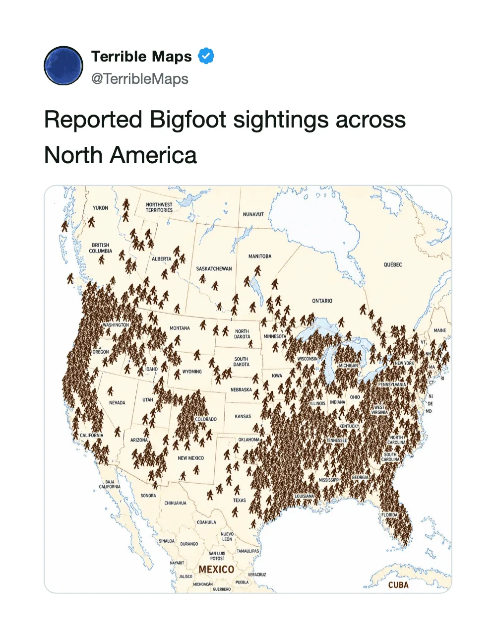 Map of North America with numerous Bigfoot sightings marked across the continent.