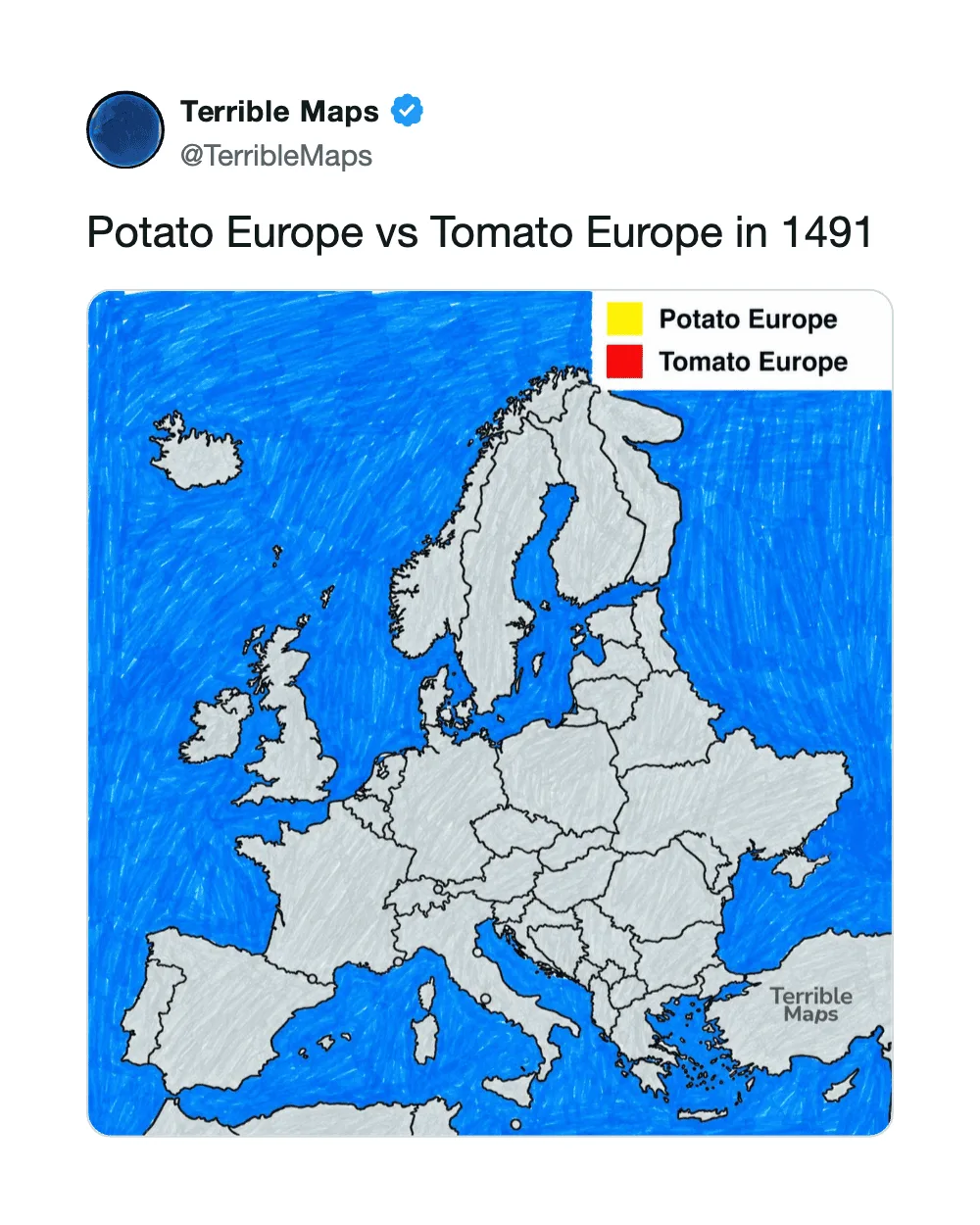 Map of Europe showing Potato Europe in yellow and Tomato Europe in red, 1491.