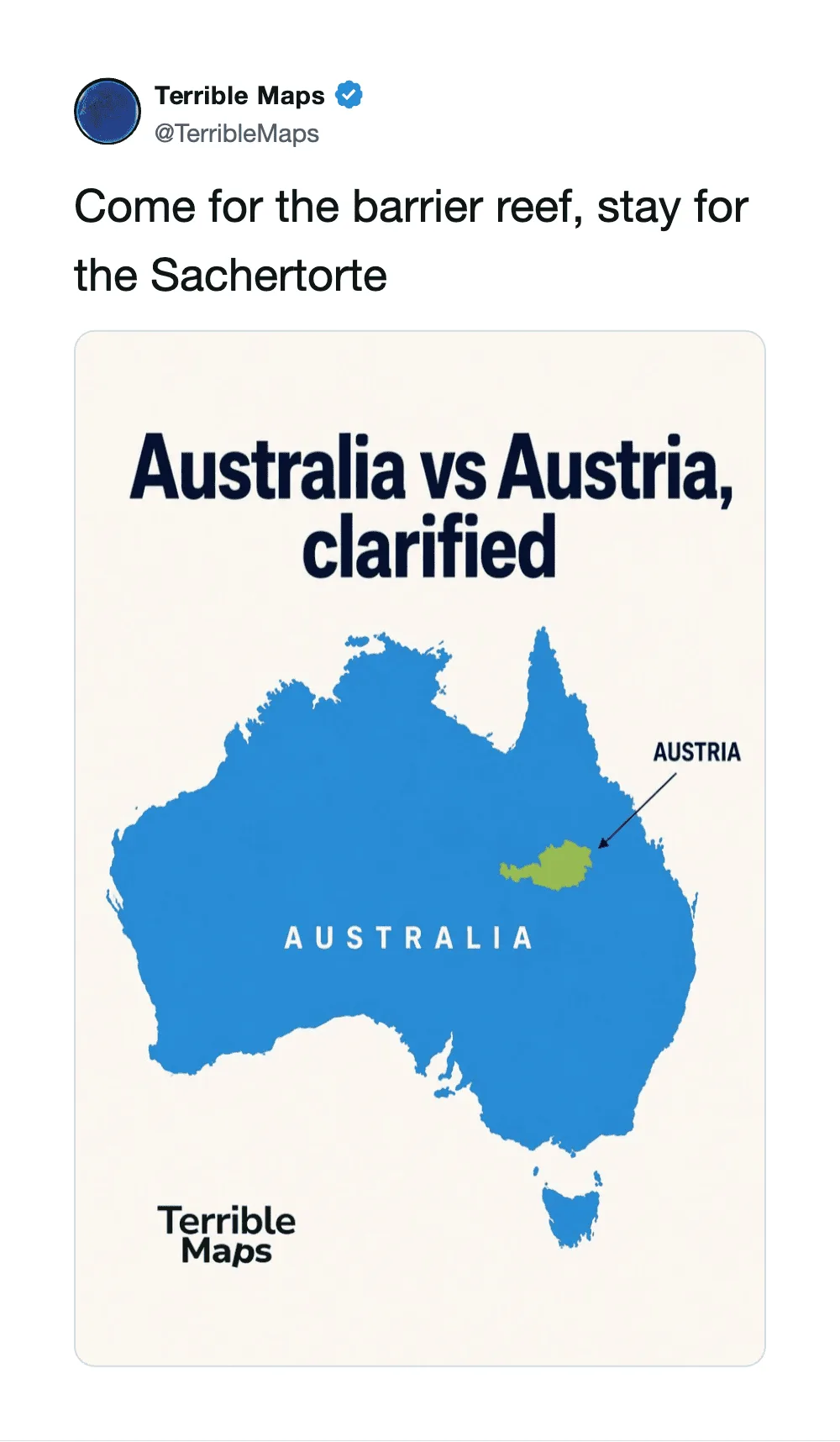 Map of Australia highlighting Austria, with text 'Australia vs Austria, clarified'.