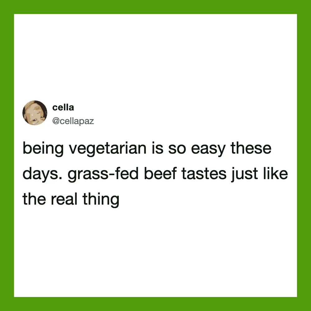 Being vegetarian is so easy these days. Grass-fed beef tastes just like the real thing.