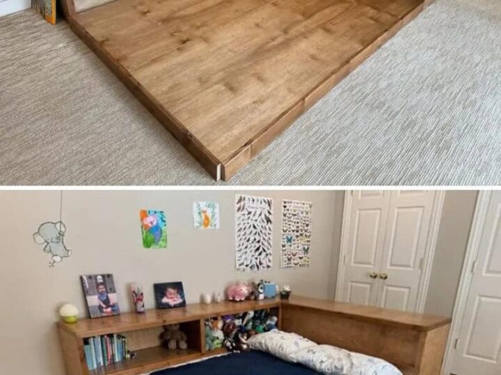 A wooden bed frame with built-in shelves, shown empty in the top image and with a mattress in the.
