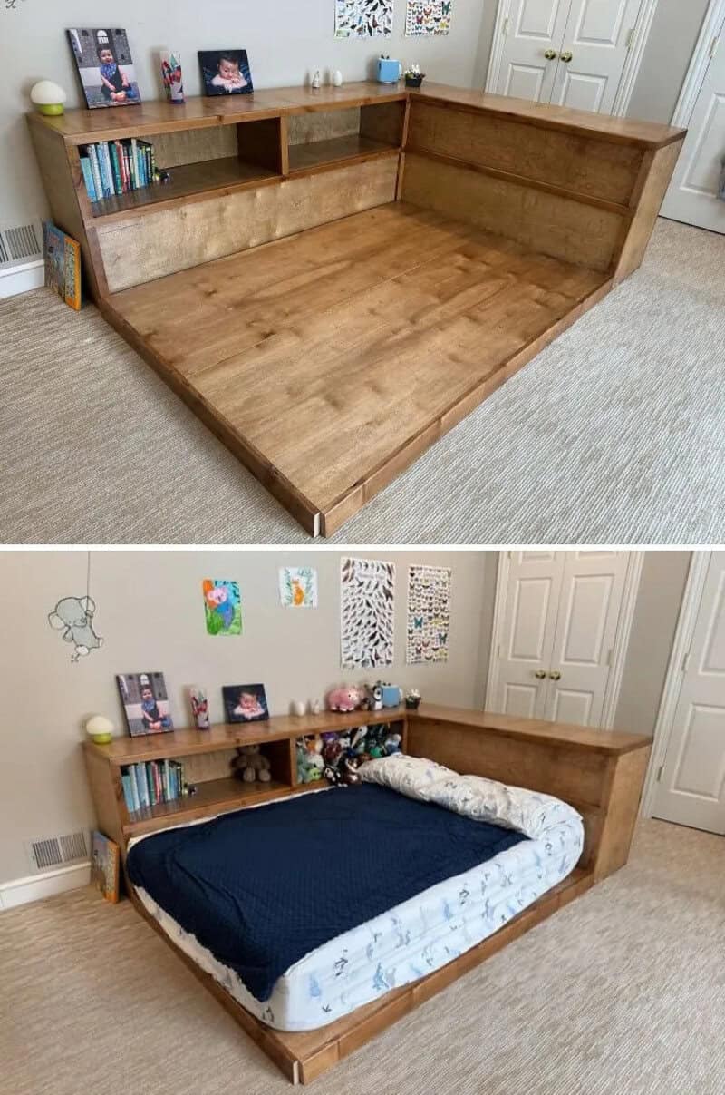 A wooden bed frame with built-in shelves, shown empty in the top image and with a mattress in the.
