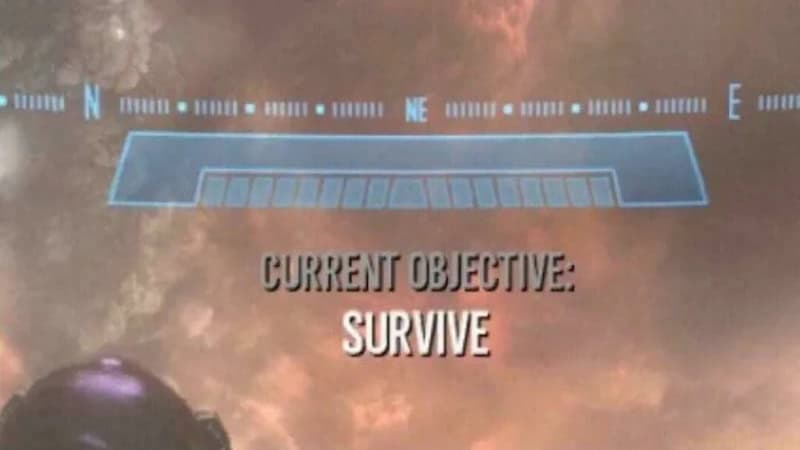 Video game screen showing 'Current Objective: Survive' with a compass at the top.