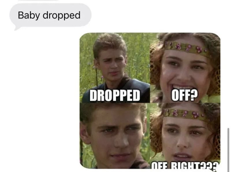 Text conversation with images of a boy and girl, discussing a baby drop.