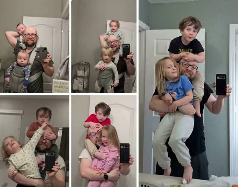 Dad with three children taking mirror selfies in different poses.