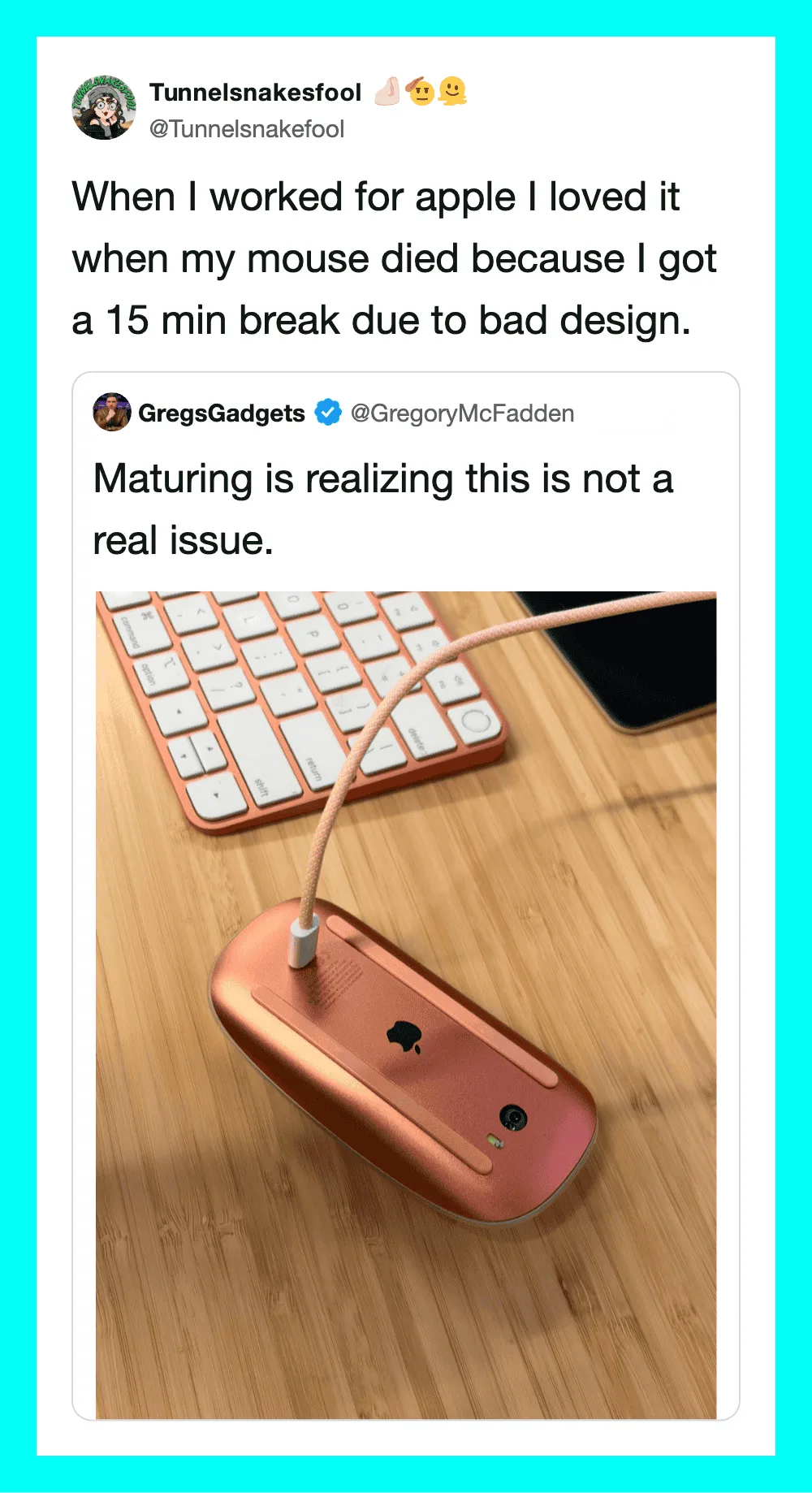 A pink Apple device connected to a charger on a wooden surface.