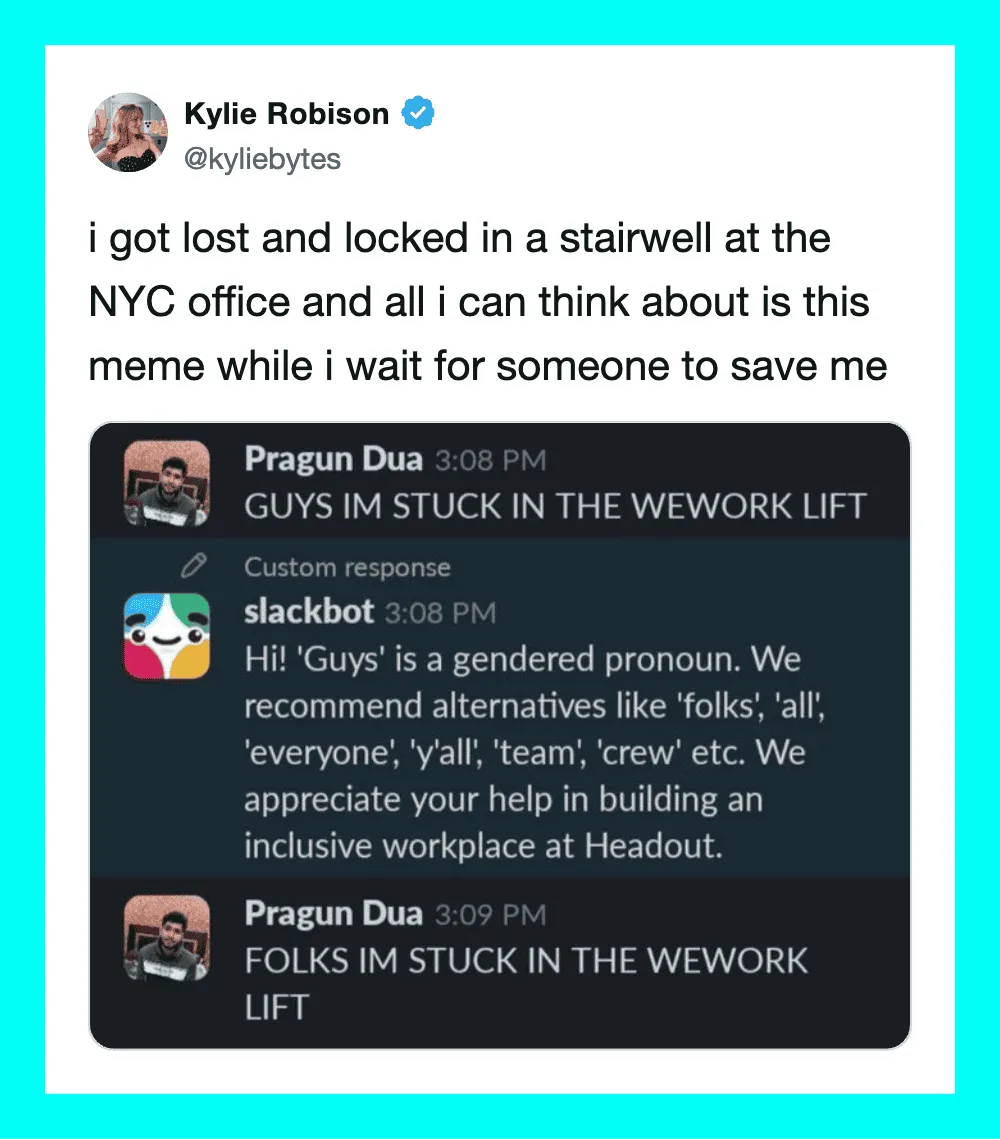 Kylie Robison's tweet about being locked in a stairwell at NYC office, meme about waiting for help.