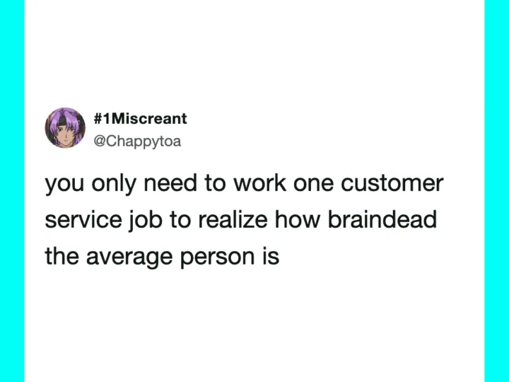 Twitter post about customer service and brain dead people.