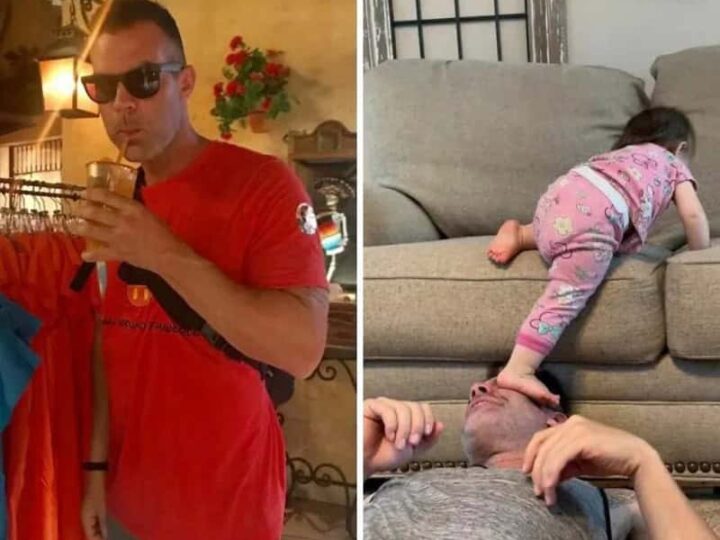 Man with sunglasses and drink, girl on couch with head on man's face.