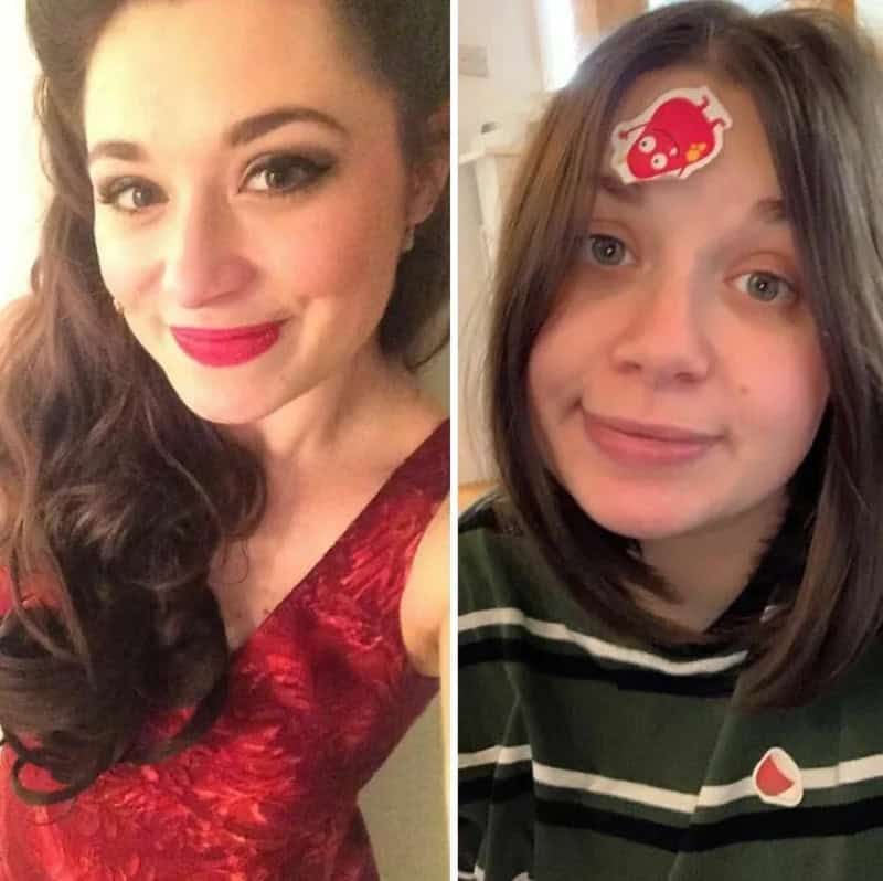 Side-by-side photos of two women, one dressed up and the other with a sticker on her forehead.