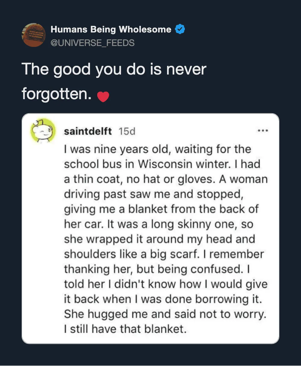 Humans Being Wholesome tweet about a girl giving a blanket to a boy.