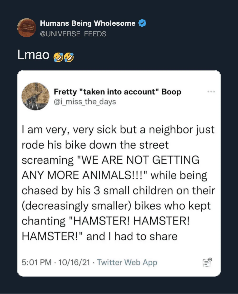 Humans Being Wholesome tweet about a neighbor chasing children on bikes.