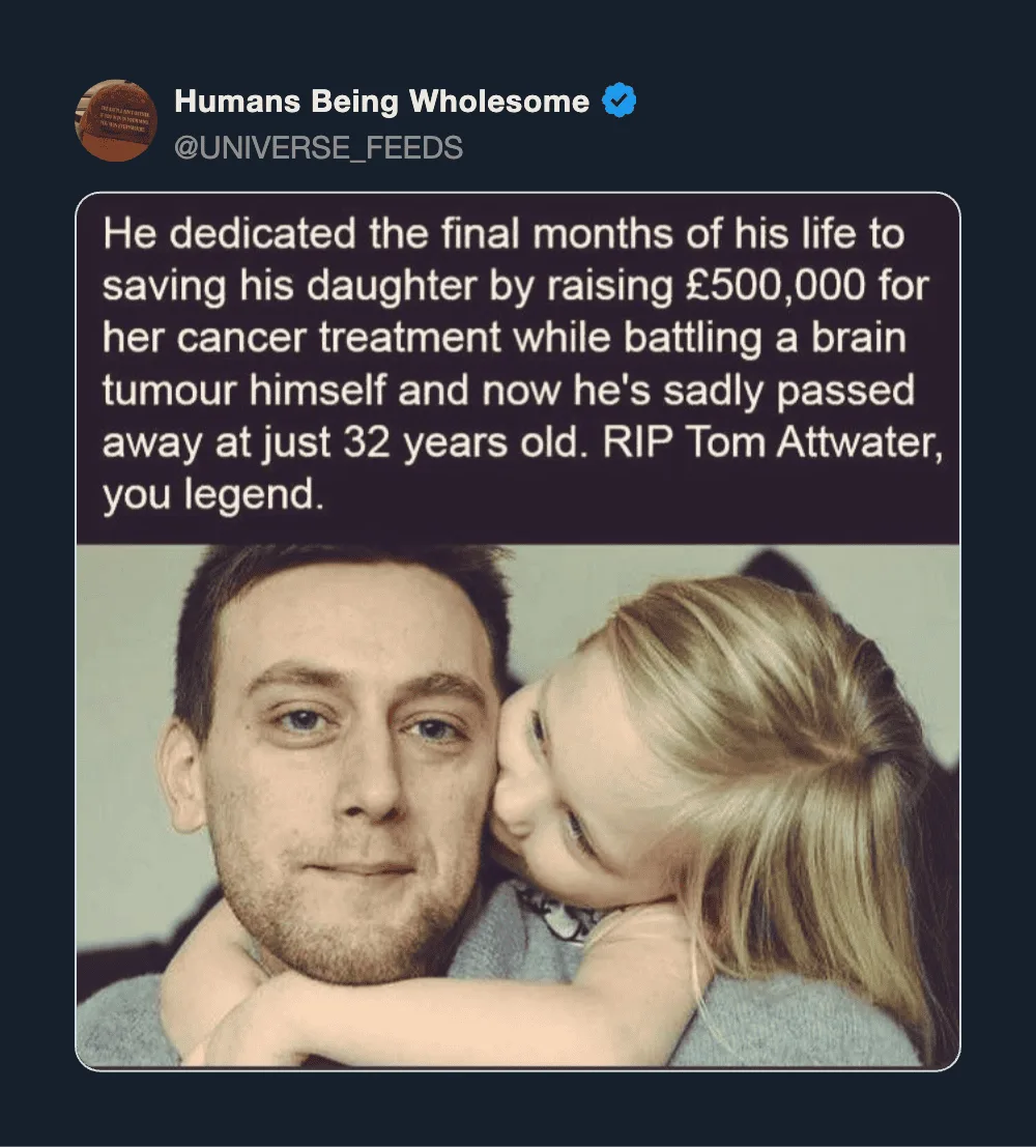 Man and girl hugging, with a heartfelt message about Tom Attwater's final months.