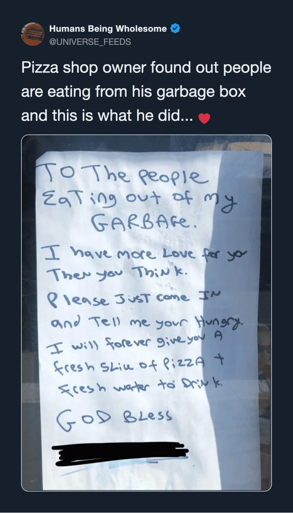 Note on garbage box asking people to eat from it and to tell him their money.