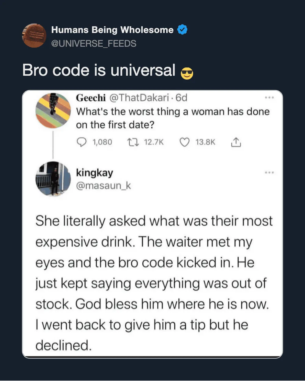 Humans Being Wholesome tweet about bro code being universal with a funny story.