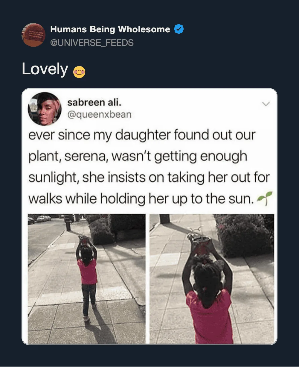 Child holding a plant while walking outside with her mother.