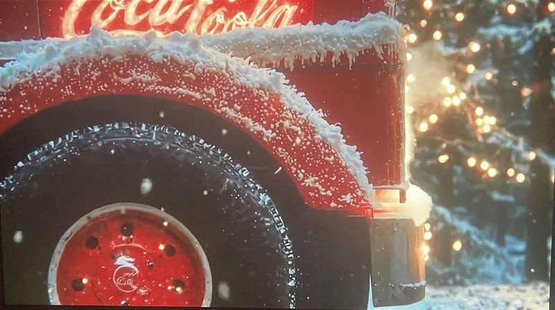 Close-up of a Coca-Cola truck with snow on it, Christmas lights in background.