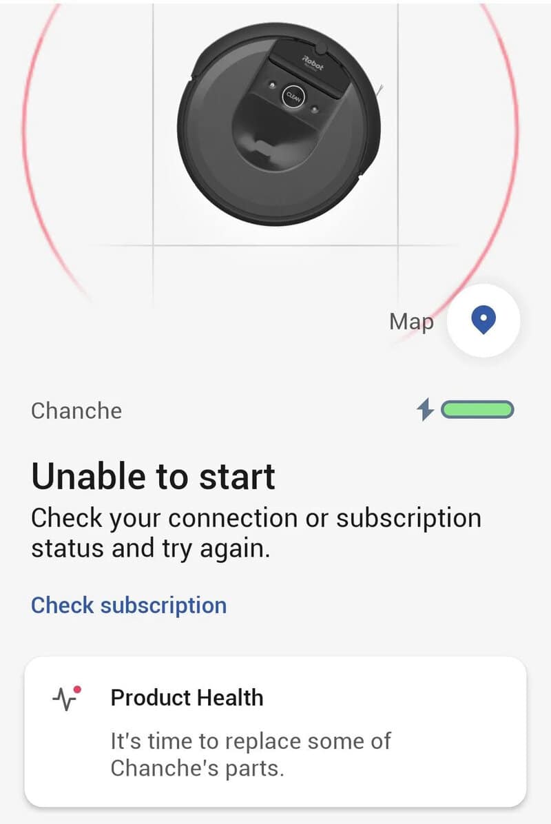 Robot vacuum cleaner with error message 'Unable to start' and product health alert.