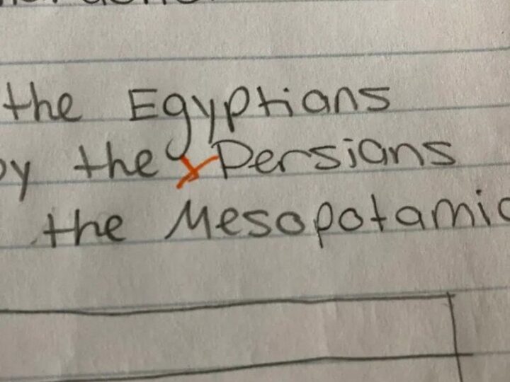 Handwritten notes about Egyptians, Persians, and Mesopotamians with a red X mark.