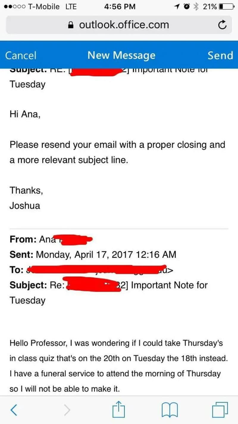 Email screenshot showing a message about rescheduling a class quiz.