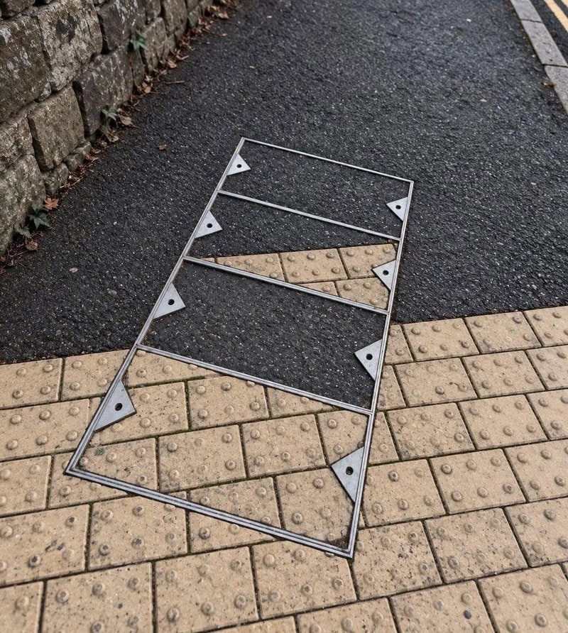 Fallen metal frame on sidewalk with tactile paving and curb.