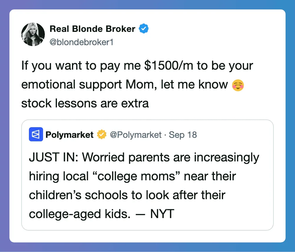 Twitter post by Real Blonde Broker about emotional support moms and stock lessons.