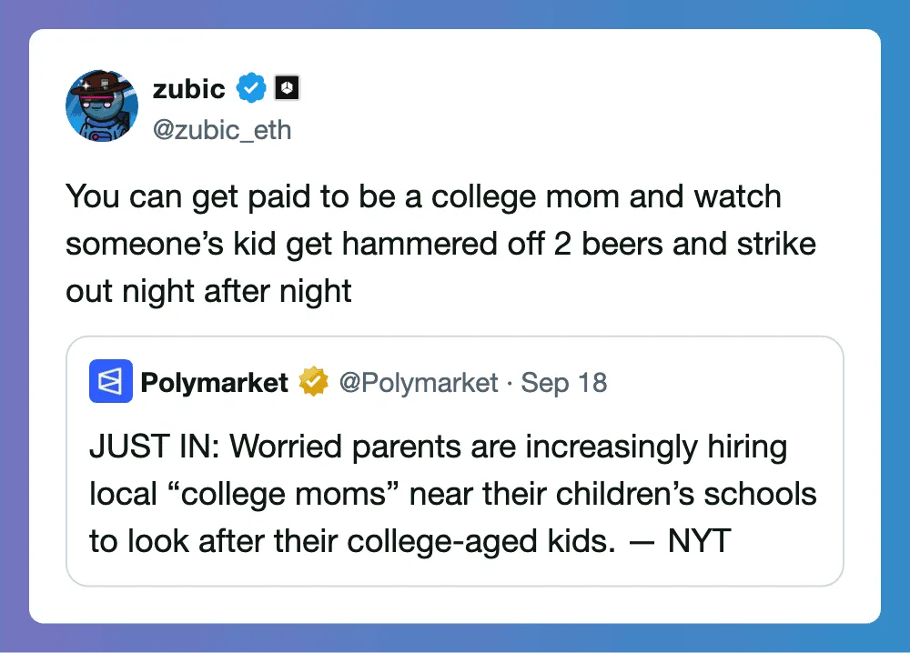 Twitter post about parents hiring college moms to watch kids and work.