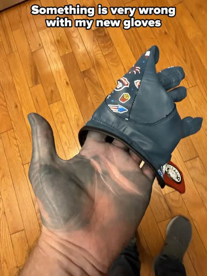 Person's hand with a glove that looks like a monster's face, with text about wrong gloves.