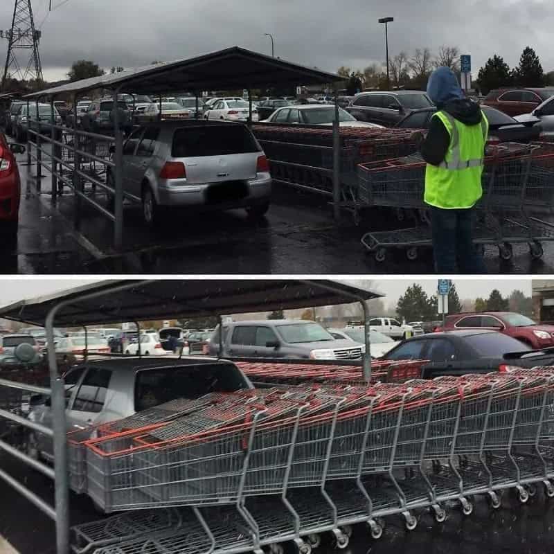 Shopping cart trapped under a parking shelter with a person nearby.