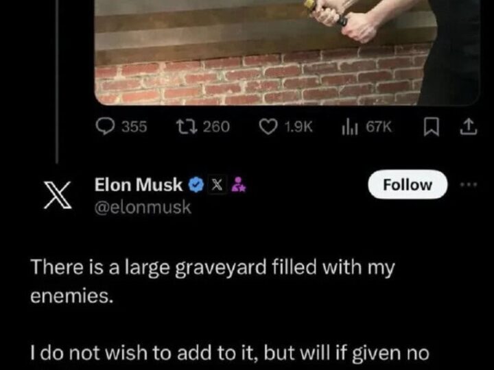Elon Musk holding a sword in front of a flag with a graveyard quote.