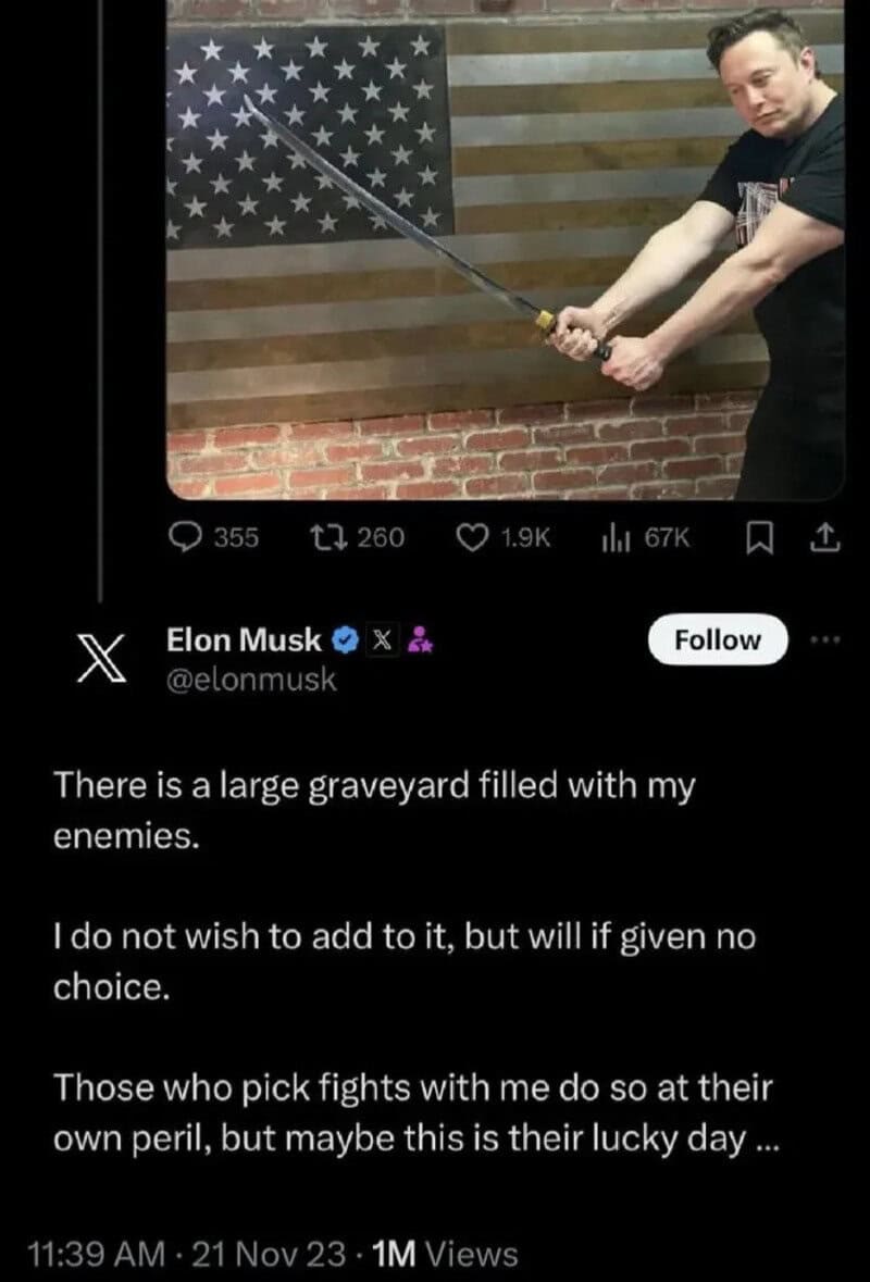 Elon Musk holding a sword in front of a flag with a graveyard quote.