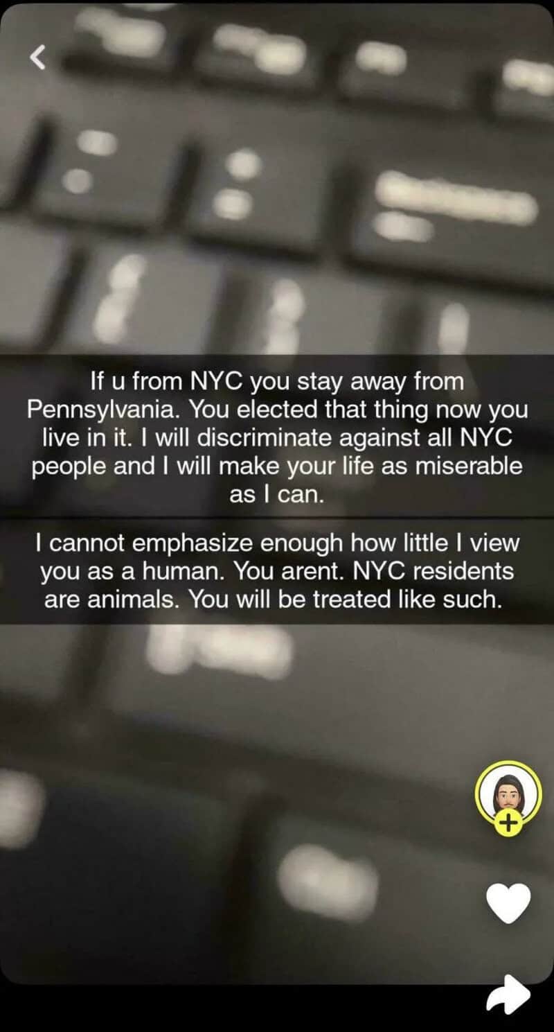Text on a blurry keyboard background about NYC residents and discrimination.