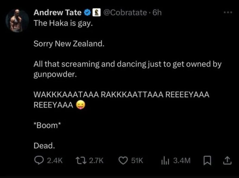 Andrew Tate tweet about the Haka dance, mentioning New Zealand and gunpowder.
