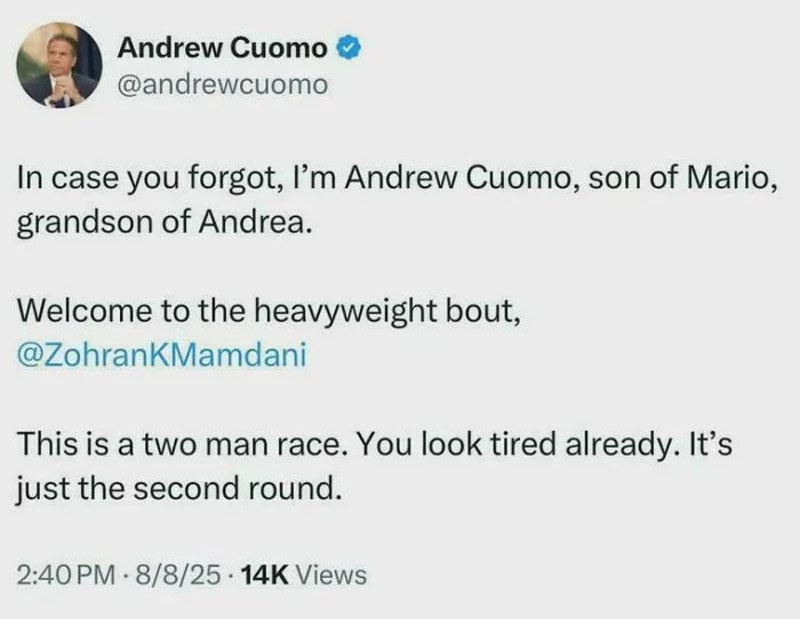 Andrew Cuomo's tweet about a heavyweight bout, mentioning a two-man race and looking tired.