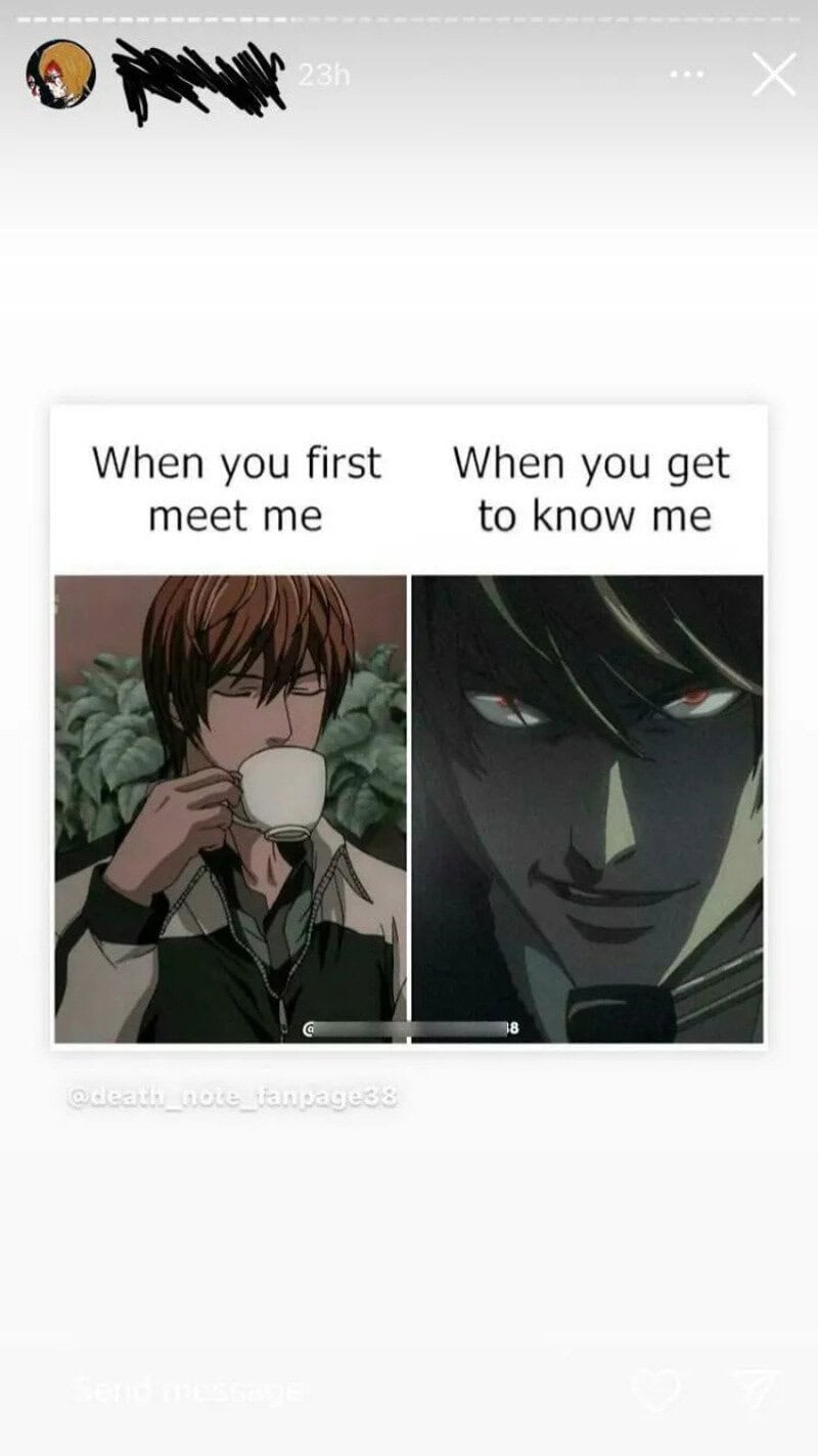 Anime characters with contrasting expressions about meeting and knowing someone.