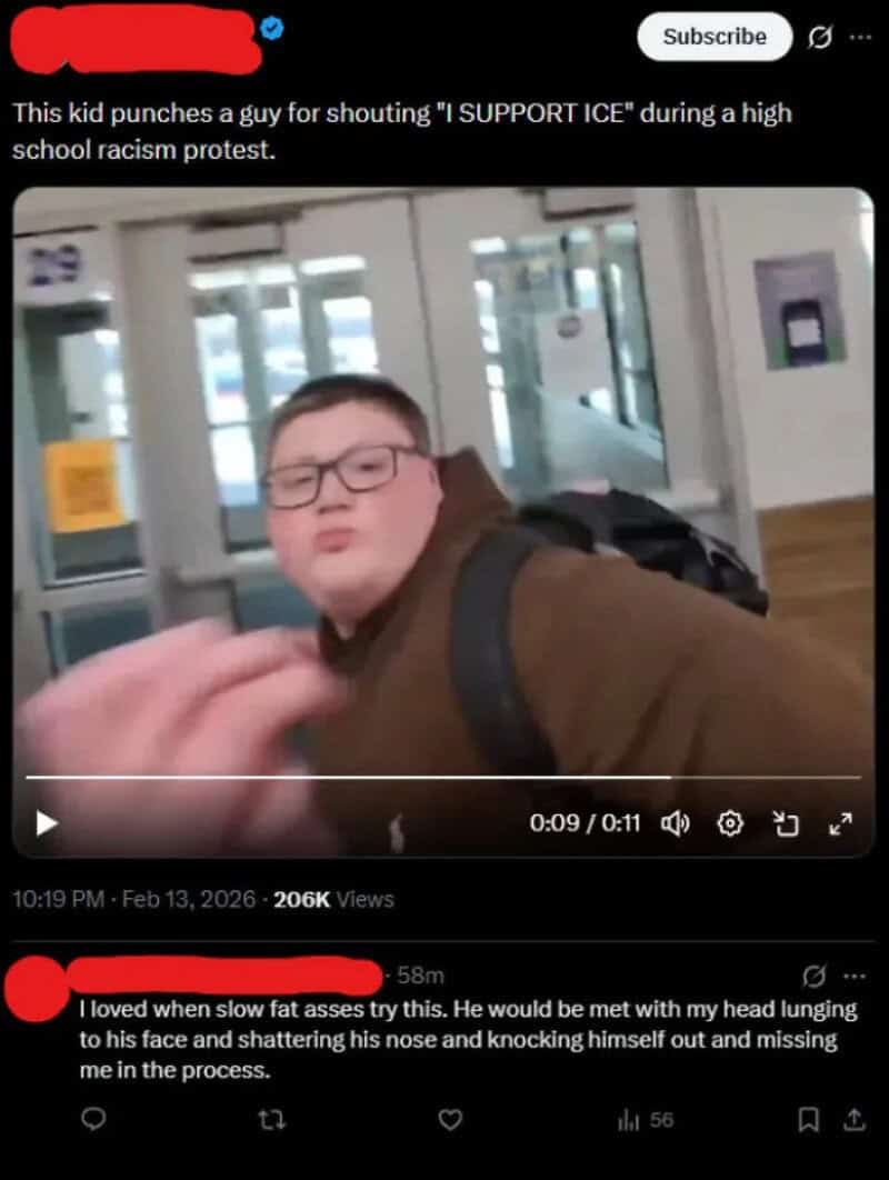 Kid punches a guy shouting 'I SUPPORT ICE' during a high school racism protest.