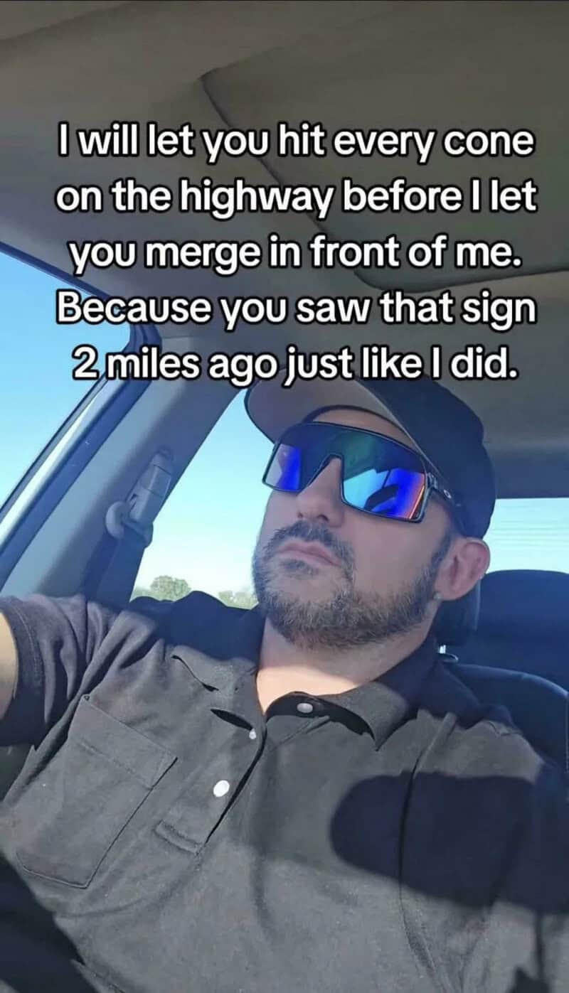Man wearing sunglasses and a cap in a car with text about hitting cones on the highway.