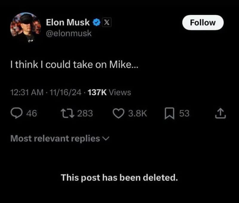 Elon Musk's tweet: 'I think I could take on Mike...' with views, retweets, and likes.