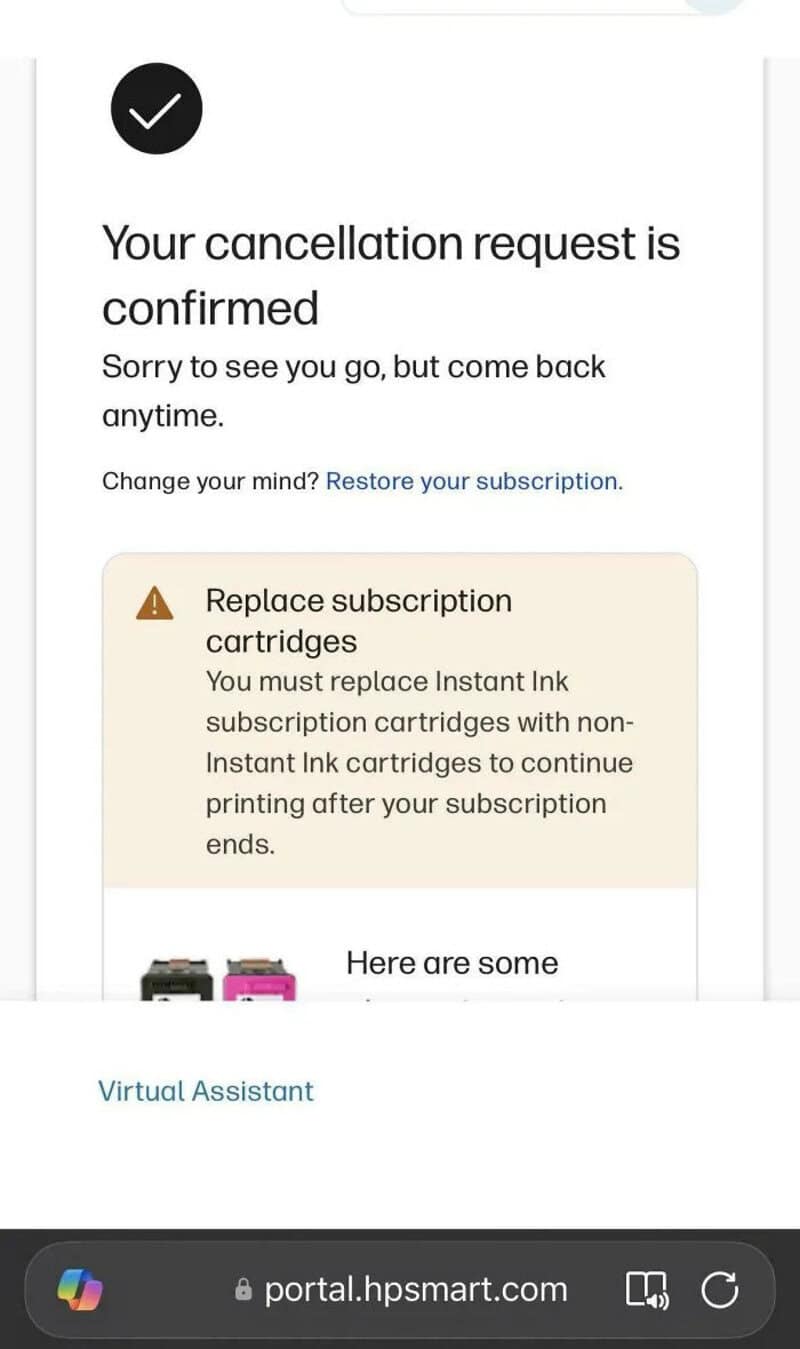 Cancellation confirmed message with subscription renewal options and printer cartridges.