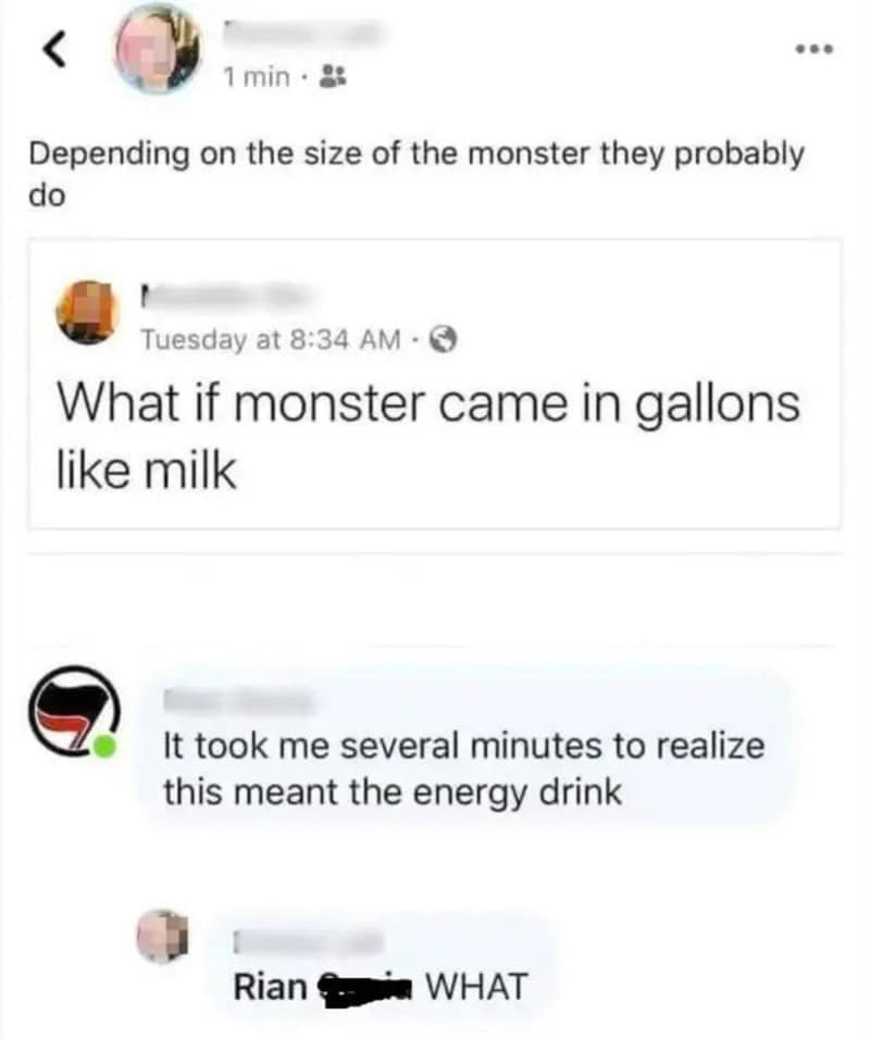 Facebook post about a monster coming in gallons like milk and energy drinks.