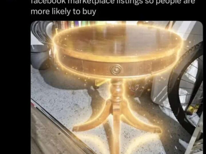 Small round wooden table with a golden aura around it, priced at $25.