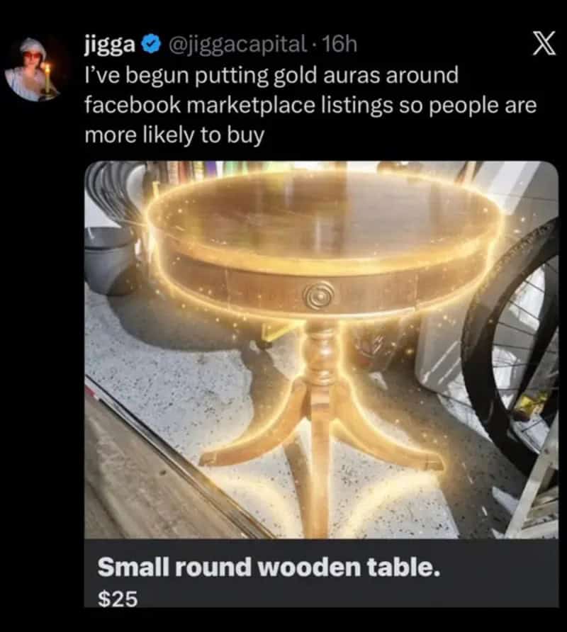 Small round wooden table with a golden aura around it, priced at $25.