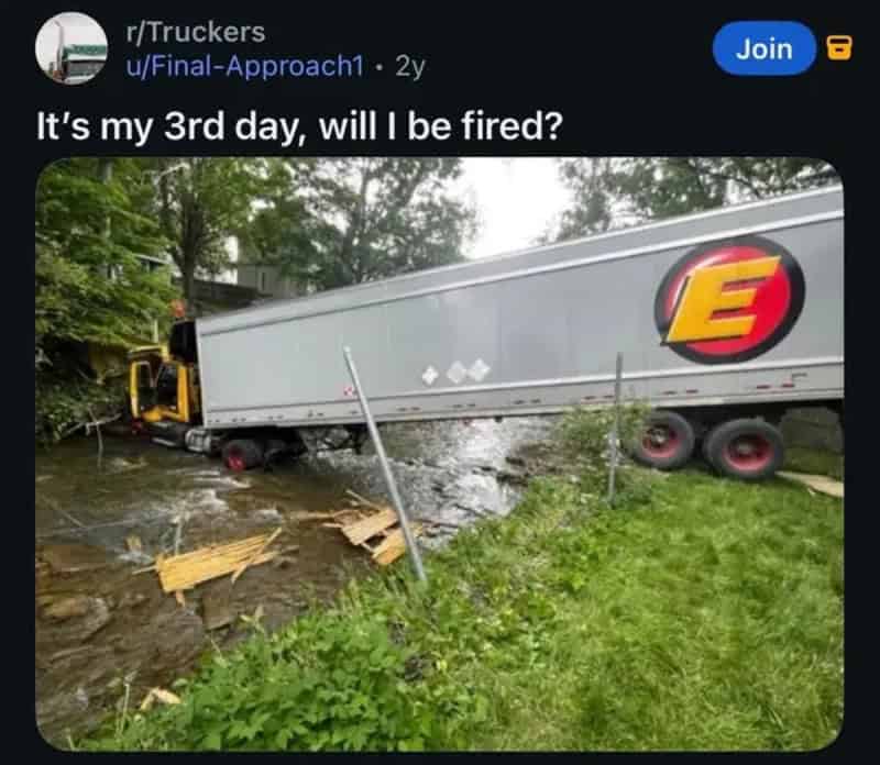 Truck stuck in water with a caption about being fired after 3 days.