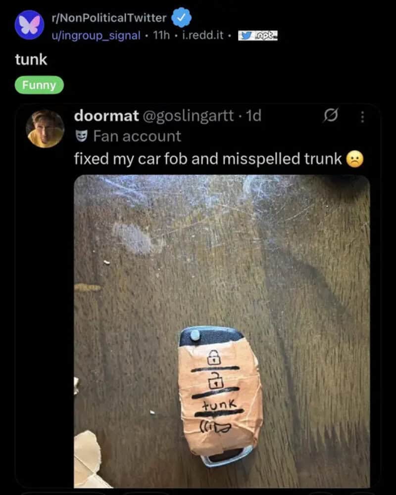 Car key wrapped in paper with 'funk' written on it, fixed to look like a trunk.